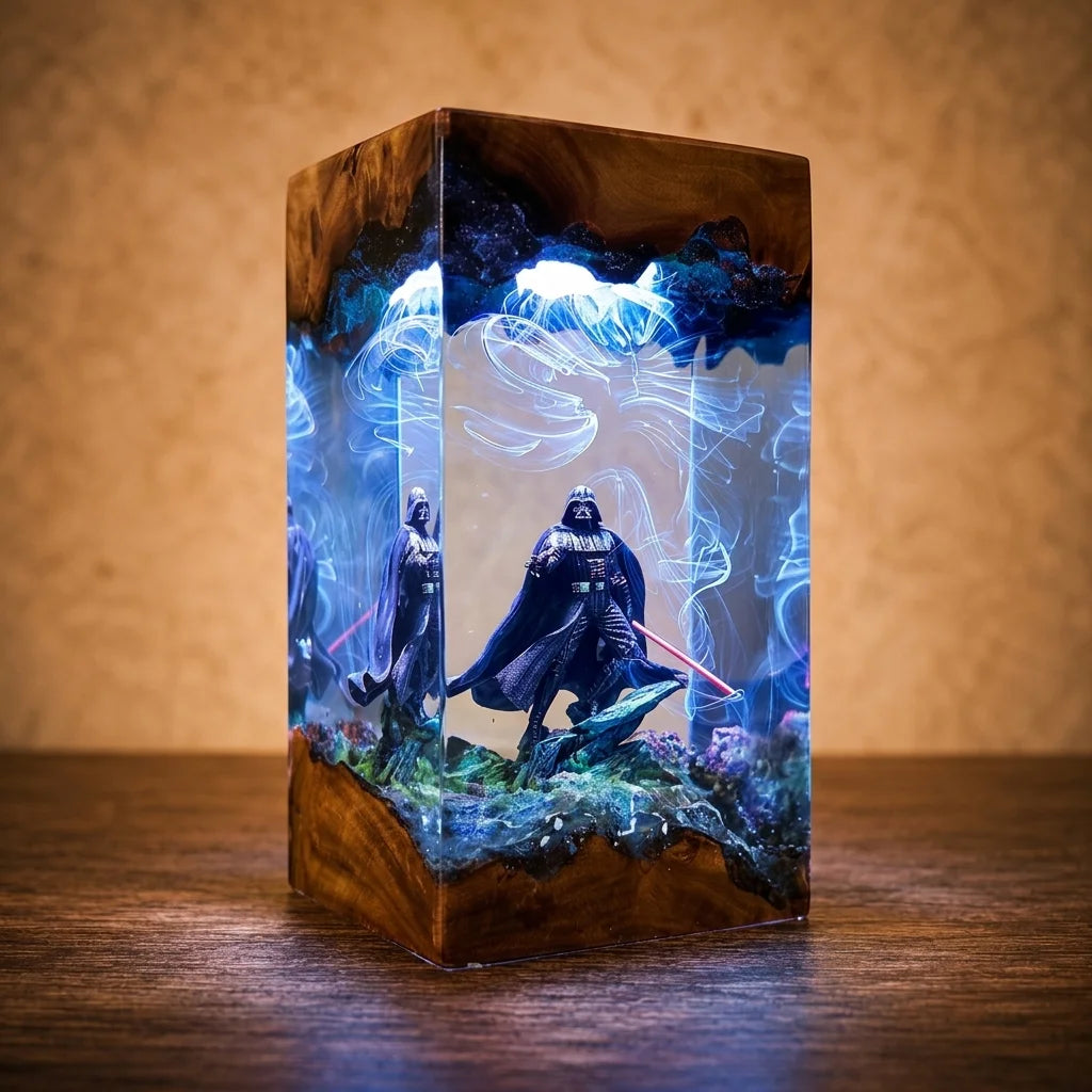 A rectangular resin lamp featuring a Star Wars Darth Vader and Princess Leia scene, illuminated with blue and white light, set on a wooden table against a textured beige background.