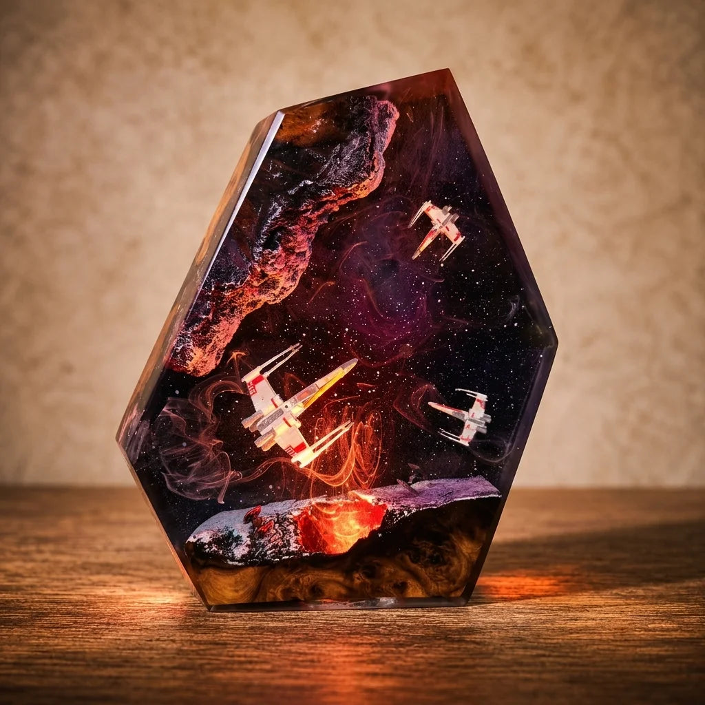 A hexagonal resin crystal tower featuring a miniature Star Wars galaxy scene with TIE fighters, a nebula, and a small lightsaber, displayed on a wooden surface against a textured beige background.
